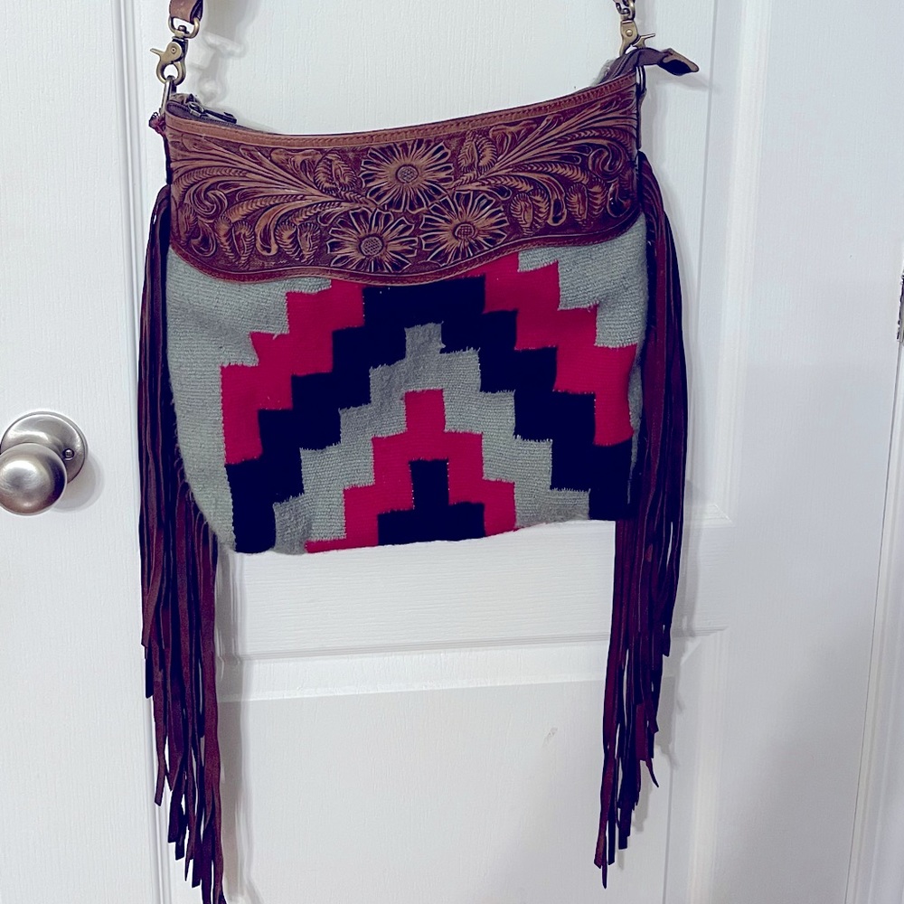 American Darling Western Sanchos Tooled Leather & Fringed Crossbody Saddle Bag